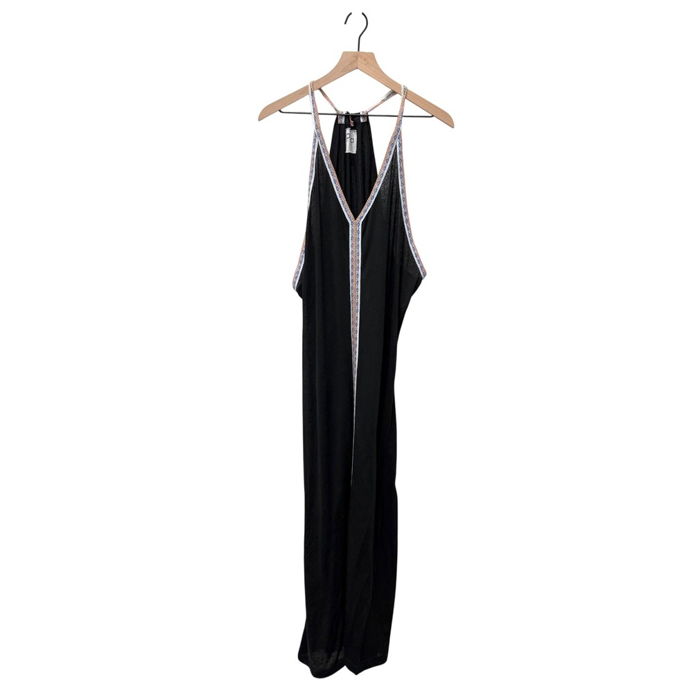 Pitusa Inca Maxi Sun Dress Black V-Neck Racerback Embroidered Trim Standard Size - Picture 2 of 8